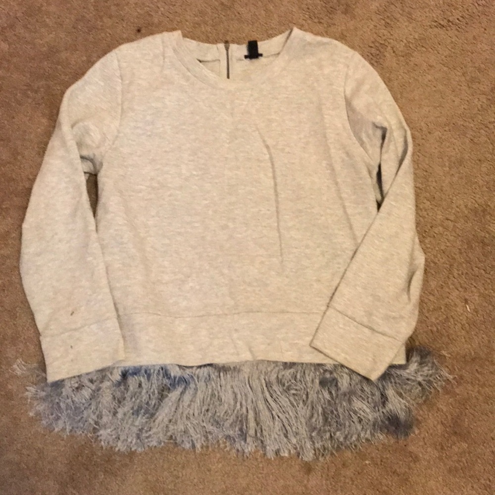 J Crew Heather Grey Fringe Top